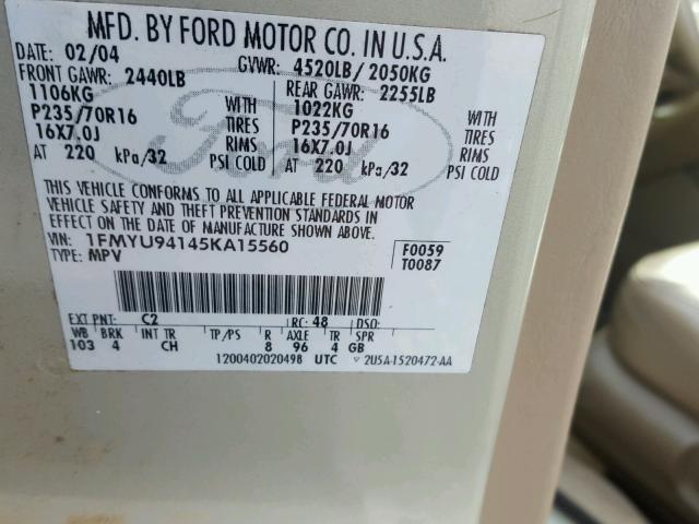 1FMYU94145KA15560 - 2005 FORD ESCAPE LIM TAN photo 10