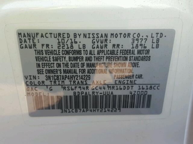 3N1CB7AP4HY214229 - 2017 NISSAN SENTRA SR WHITE photo 10