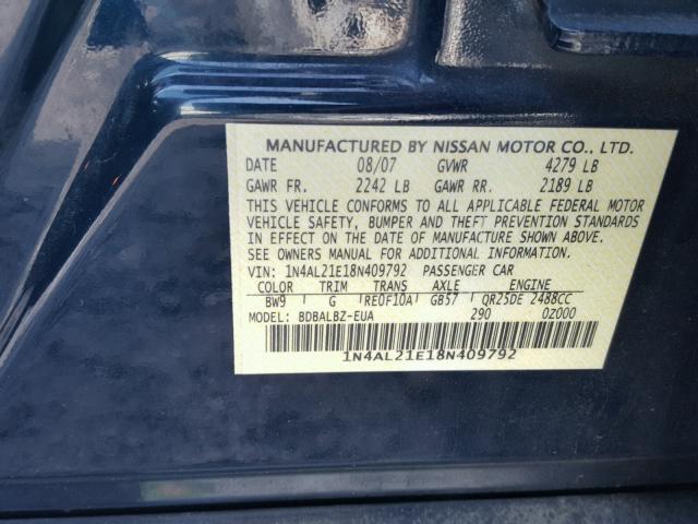 1N4AL21E18N409792 - 2008 NISSAN ALTIMA 2.5 BLUE photo 10