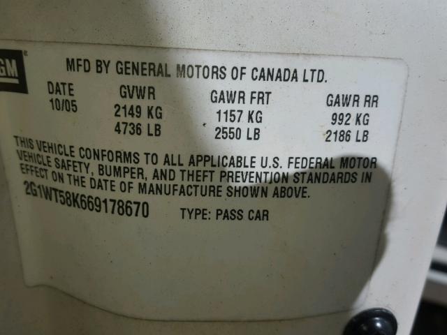 2G1WT58K669178670 - 2006 CHEVROLET IMPALA LT WHITE photo 10