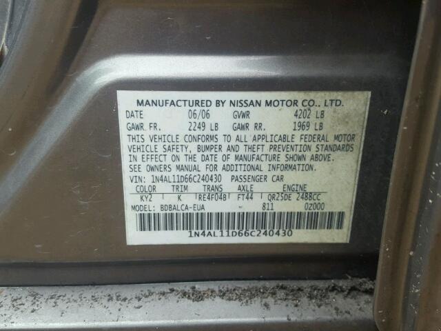 1N4AL11D66C240430 - 2006 NISSAN ALTIMA S GRAY photo 10