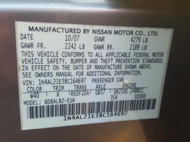 1N4AL21E38C164697 - 2008 NISSAN ALTIMA 2.5 GRAY photo 10