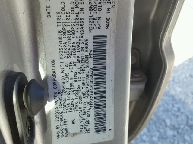 JTEGF21A420050639 - 2002 TOYOTA HIGHLANDER GRAY photo 10