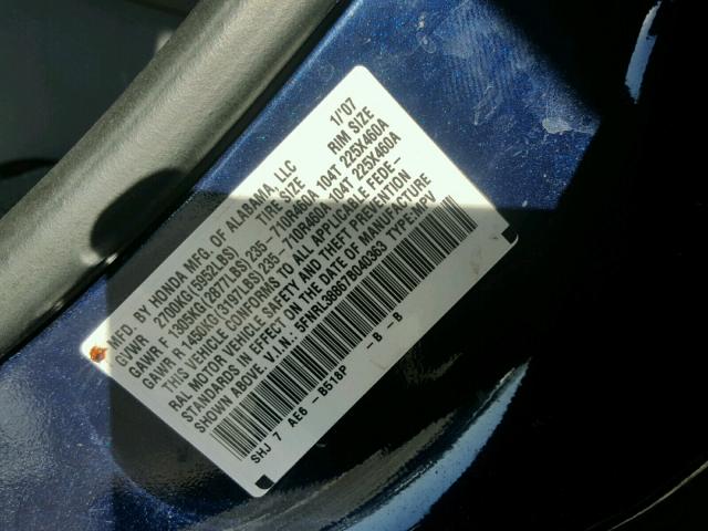 5FNRL38867B040363 - 2007 HONDA ODYSSEY TO BLUE photo 10