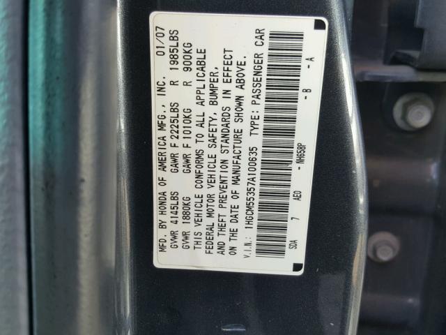 1HGCM55357A100635 - 2007 HONDA ACCORD SE GRAY photo 10