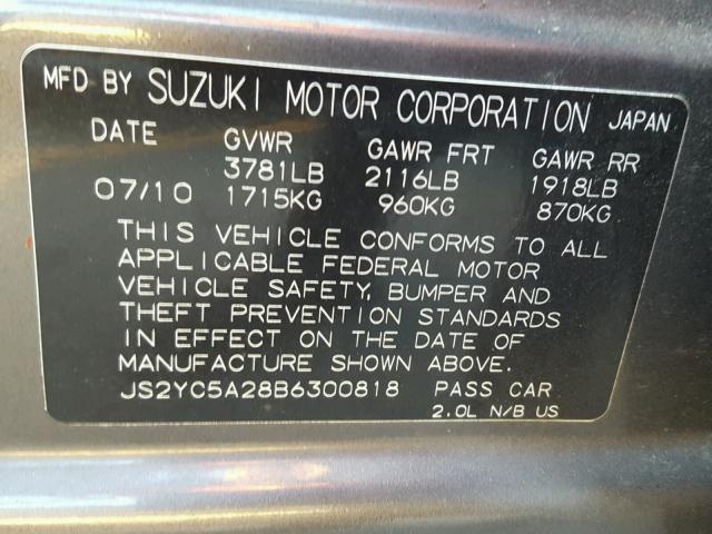 JS2YC5A28B6300818 - 2011 SUZUKI SX4 LE GRAY photo 10