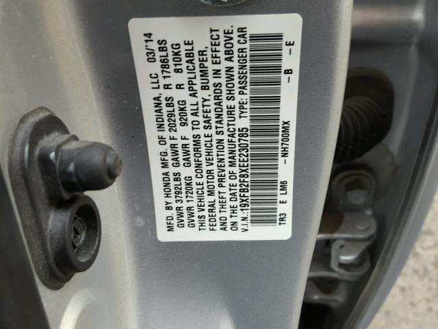 19XFB2F8XEE230785 - 2014 HONDA CIVIC EX SILVER photo 10