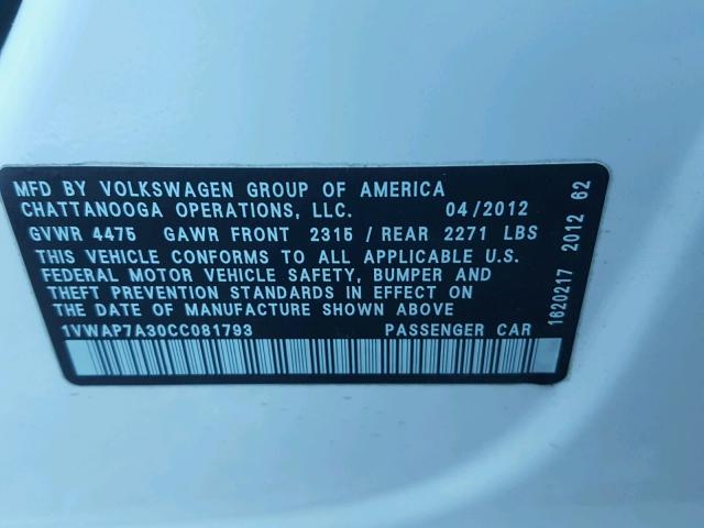 1VWAP7A30CC081793 - 2012 VOLKSWAGEN PASSAT S WHITE photo 10