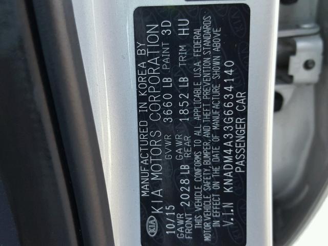 KNADM4A33G6634140 - 2016 KIA RIO LX SILVER photo 10