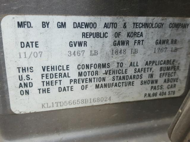 KL1TD56658B168024 - 2008 CHEVROLET AVEO BASE Gümüş fotoğraf 10
