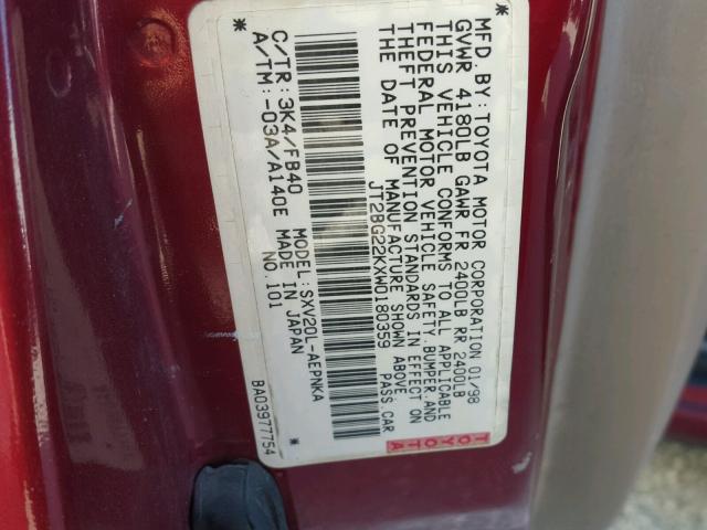 JT2BG22KXW0180359 - 1998 TOYOTA CAMRY CE RED photo 10