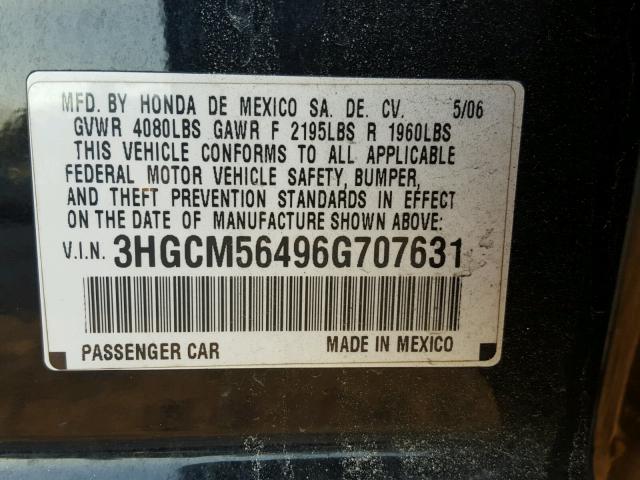 3HGCM56496G707631 - 2006 HONDA ACCORD LX BLACK photo 10