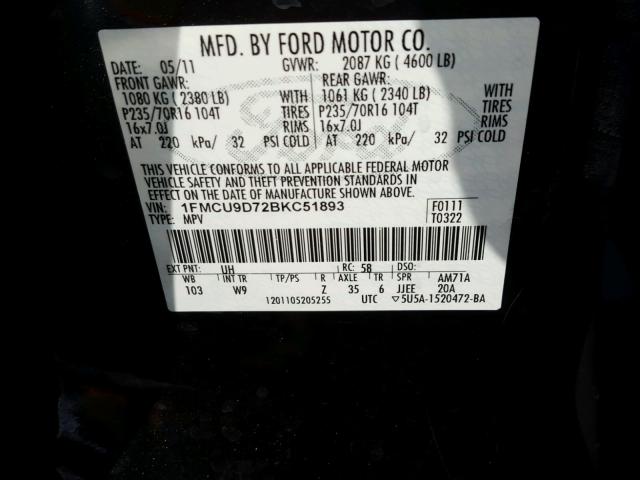 1FMCU9D72BKC51893 - 2011 FORD ESCAPE XLT BLACK photo 10