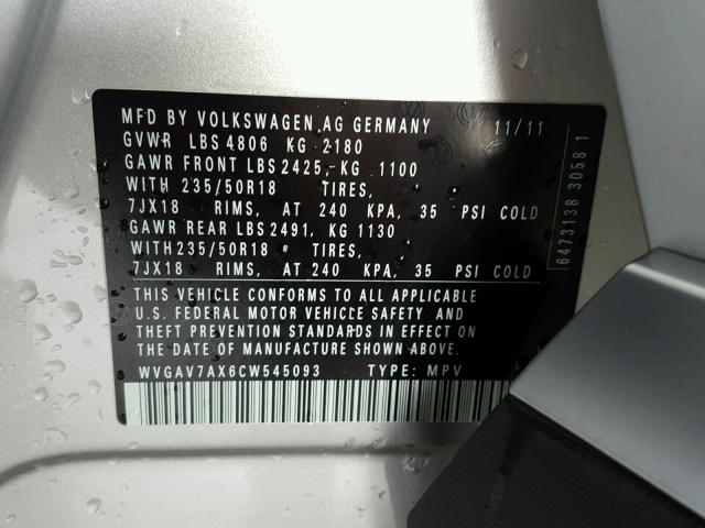 WVGAV7AX6CW545093 - 2012 VOLKSWAGEN TIGUAN S SILVER photo 10