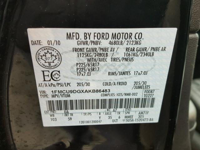 1FMCU9DGXAKB86483 - 2010 FORD ESCAPE XLT BLACK photo 10