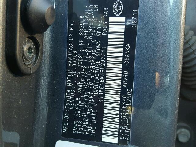 4T1BE46K59U287511 - 2009 TOYOTA CAMRY BASE CHARCOAL photo 10