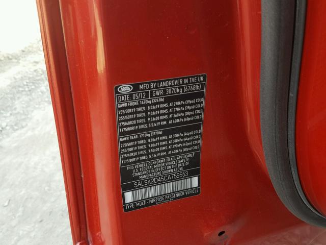 SALSK2D45CA759553 - 2012 LAND ROVER RANGE ROVE RED photo 10