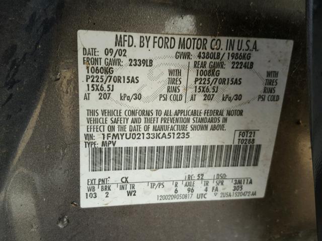 1FMYU02133KA51235 - 2003 FORD ESCAPE XLS GRAY photo 10