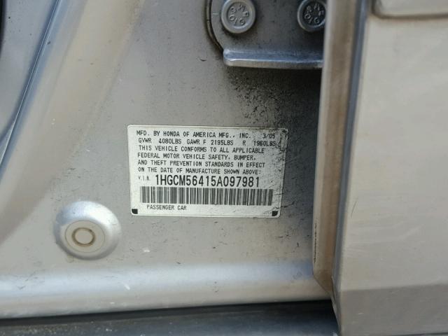 1HGCM56415A097981 - 2005 HONDA ACCORD LX SILVER photo 10