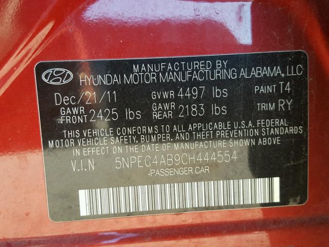 5NPEC4AB9CH444554 - 2012 HYUNDAI SONATA SE RED photo 10