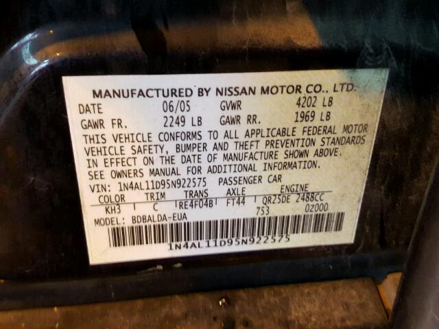 1N4AL11D95N922575 - 2005 NISSAN ALTIMA S BLACK photo 10