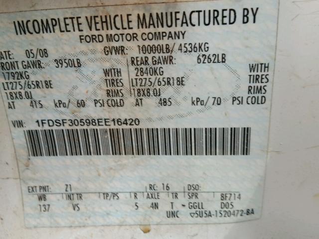 1FDSF30598EE16420 - 2008 FORD F350 SRW S WHITE photo 10