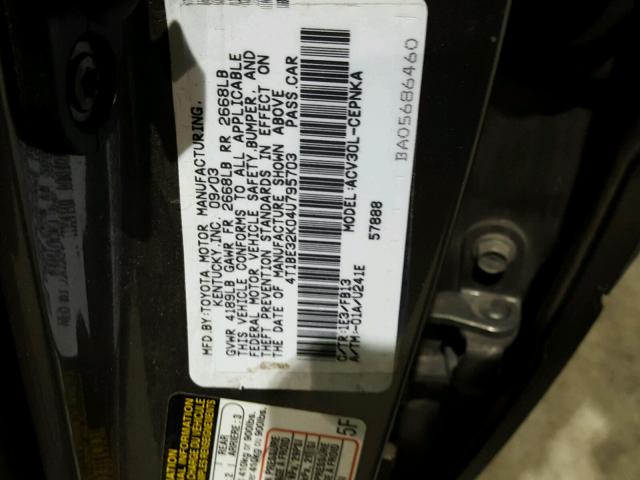 4T1BE32K04U795703 - 2004 TOYOTA CAMRY LE GRAY photo 10