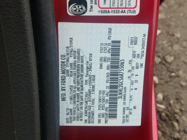 3LNHL2GC5AR755065 - 2010 LINCOLN MKZ RED photo 10