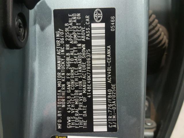 4T4BE46K77R006375 - 2007 TOYOTA CAMRY NEW BLUE photo 10