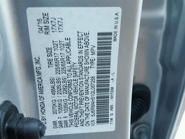 5J6RM4H51GL067258 - 2016 HONDA CR-V EX SILVER photo 10