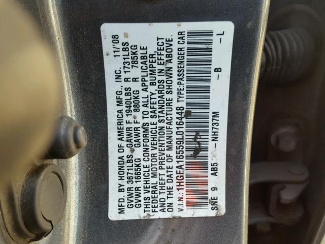 1HGFA16559L016448 - 2009 HONDA CIVIC LX GRAY photo 10