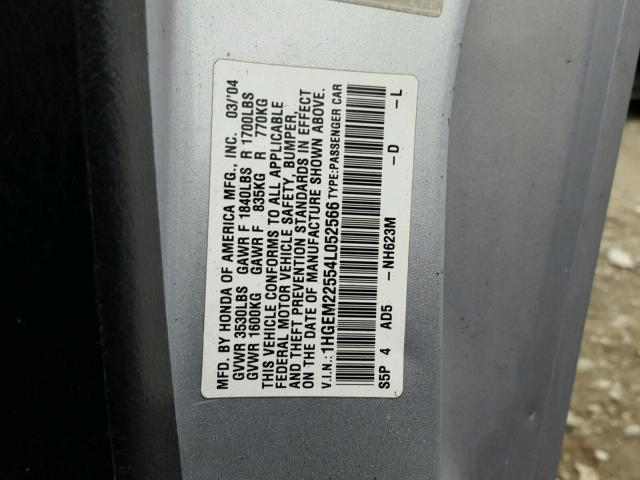 1HGEM22554L052566 - 2004 HONDA CIVIC LX SILVER photo 10