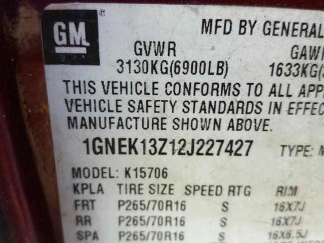 1GNEK13Z12J227427 - 2002 CHEVROLET TAHOE K150 RED photo 10