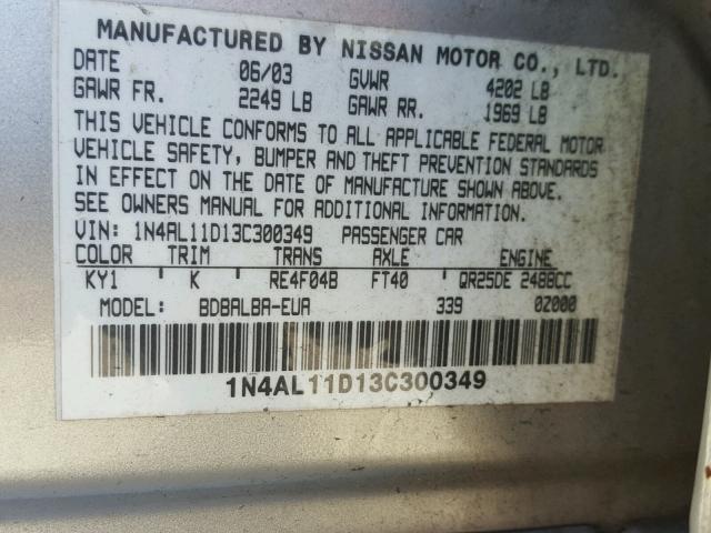 1N4AL11D13C300349 - 2003 NISSAN ALTIMA BAS SILVER photo 10