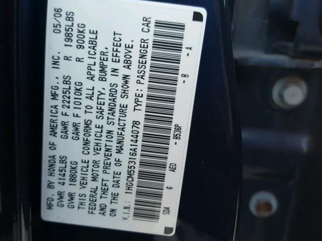 1HGCM55316A144078 - 2006 HONDA ACCORD SE BLUE photo 10