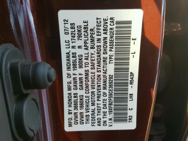 19XFB2F59CE369292 - 2012 HONDA CIVIC LX BURGUNDY photo 10