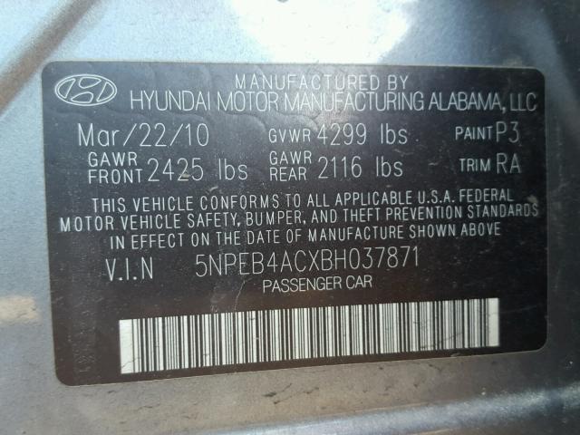 5NPEB4ACXBH037871 - 2011 HYUNDAI SONATA GLS GRAY photo 10