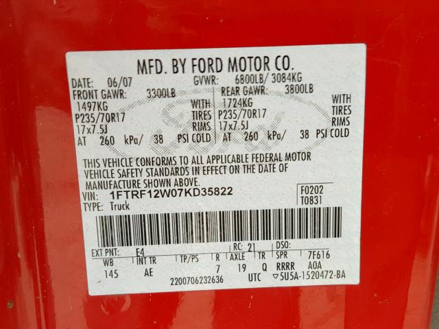 1FTRF12W07KD35822 - 2007 FORD F150 RED photo 10