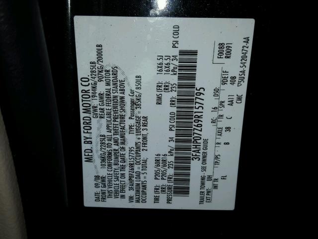 3FAHP07Z69R157795 - 2009 FORD FUSION SE BLACK photo 10