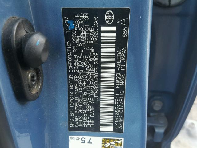 JTDKB20U887712809 - 2008 TOYOTA PRIUS BLUE photo 10