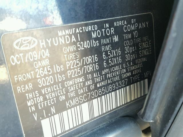 KM8SC73D85U893327 - 2005 HYUNDAI SANTA FE G BLUE photo 10