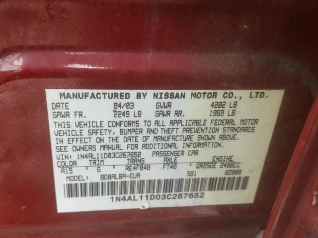 1N4AL11D03C267652 - 2003 NISSAN ALTIMA BAS RED photo 10