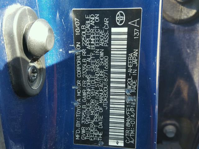 JTDKB20U187716880 - 2008 TOYOTA PRIUS BLUE photo 10