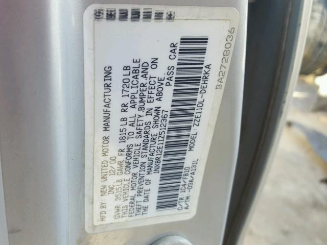 1NXBR12E11Z512367 - 2001 TOYOTA COROLLA CE SILVER photo 10