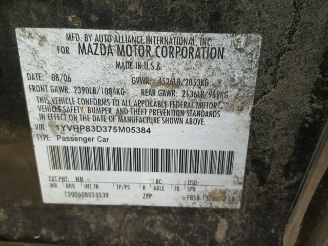 1YVHP83D375M05384 - 2007 MAZDA 6 S BLACK photo 10