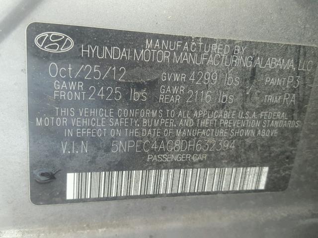 5NPEC4AC8DH632394 - 2013 HYUNDAI SONATA SE GRAY photo 10