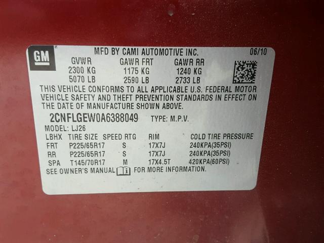 2CNFLGEW0A6388049 - 2010 CHEVROLET EQUINOX LT MAROON photo 10