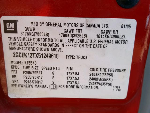 2GCEK13TX51249610 - 2005 CHEVROLET SILVERADO RED photo 10