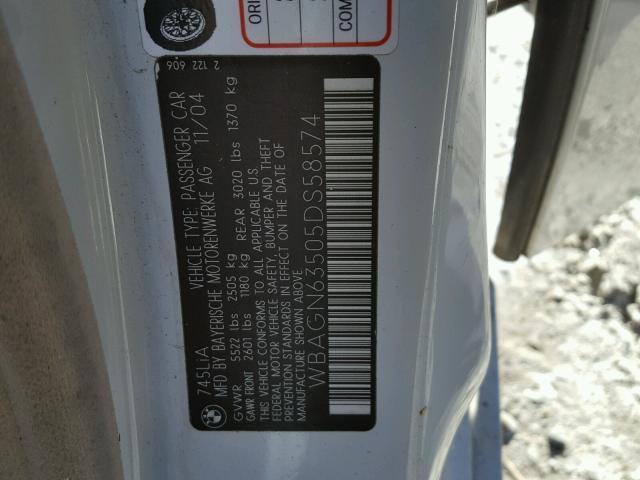 WBAGN63505DS58574 - 2005 BMW 745 LI WHITE photo 10