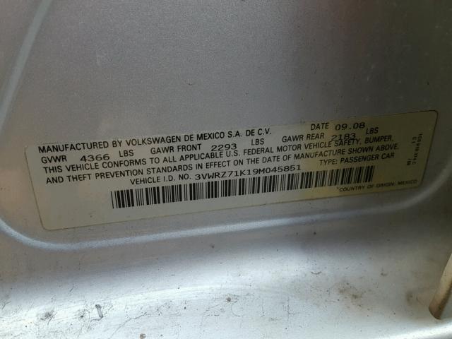 3VWRZ71K19M045851 - 2009 VOLKSWAGEN JETTA SE SILVER photo 10